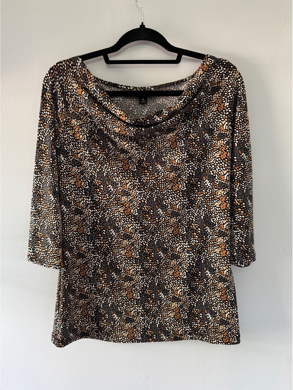 east 5th Women's Medium Black and Brown Patterned Cowl Neck Top